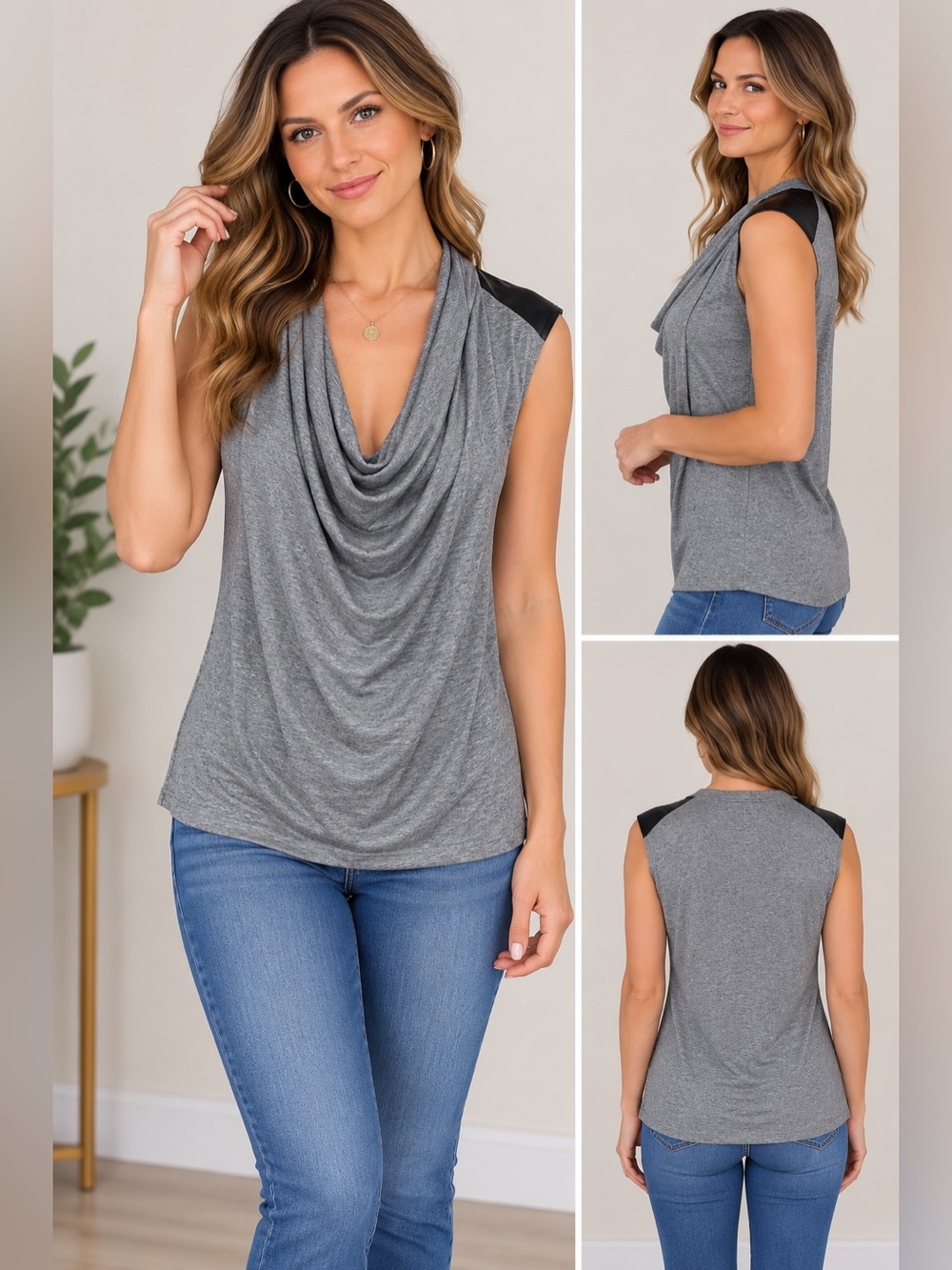 Arden B. Vintage Sleeveless Cowl Neck Top | Y2K Gray Faux Leather Trim | Size S